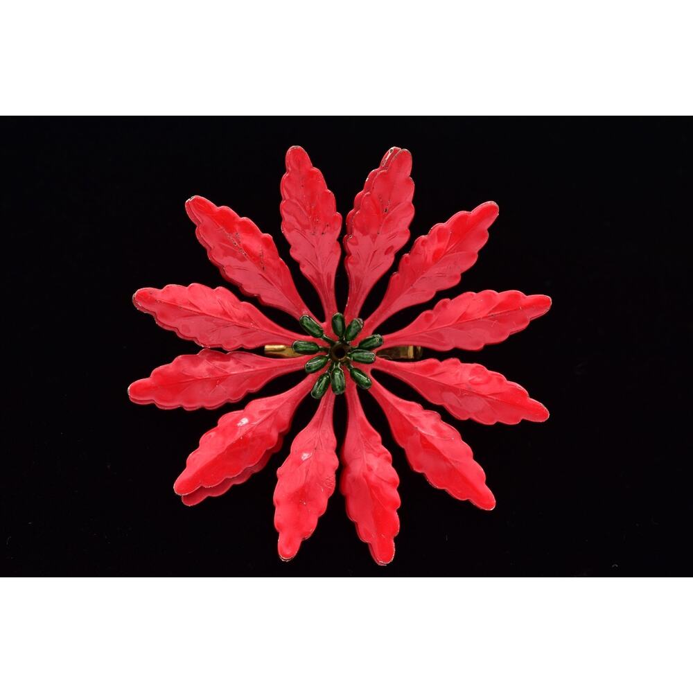Vintage Bright Red Flower Pin Brooch Enamel Chunky Large Big 1970s BinBP